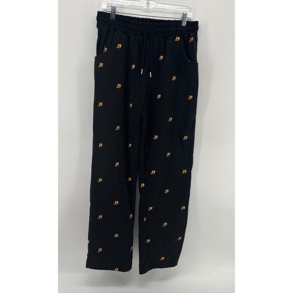 boohooMAN Men's 30 Black Gold B Embroidered Drawstring Casual Pants